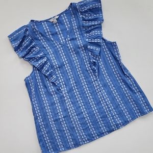 NWOT Bright Blue w/White Design Sleeveless Ruffled Top